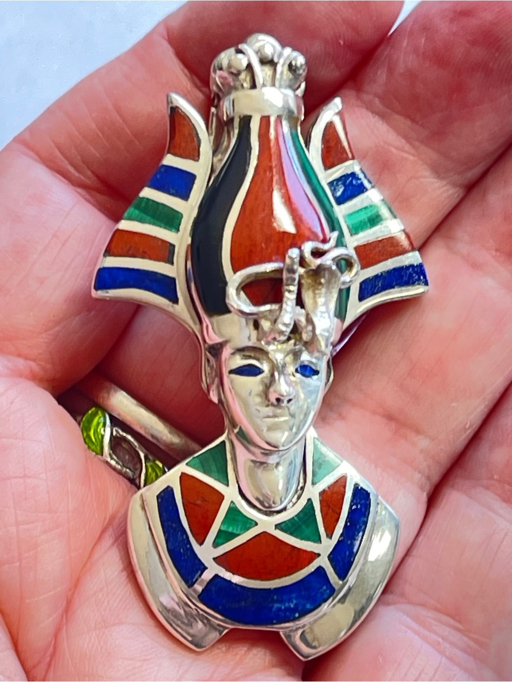 Vintage Large Egyptian Revival Inlaid Stone Heavy Sterling Silver Brooch/Pendant
